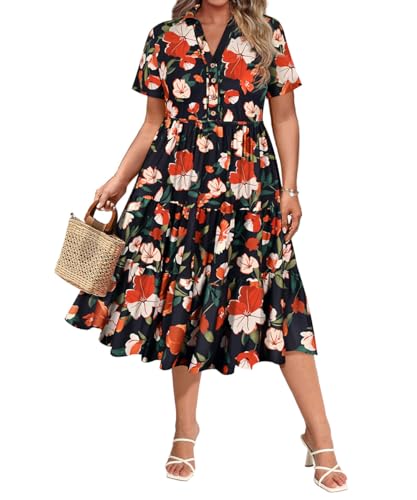 Image of CARCOS Plus Size Dresses for Curvy Women Collared Vneck Short Sleeve Dresses Midi Summer Ruffle Dress with Pocket XL-5XL