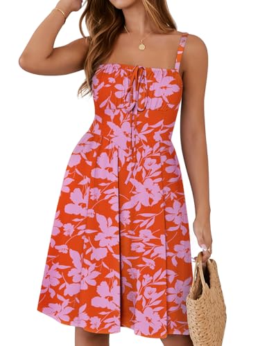 Image of YATHON Summer Mini Corset Sun Dress for Women Short Casual Square Neck Lace Up Floral Beach Vacation Dresses with Pockets