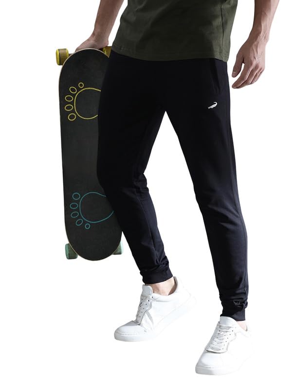 Image of CROCODILE Men Solid Ankle Length Joggers | French Terry Cotton | Drawstring Waist | 3 Pockets