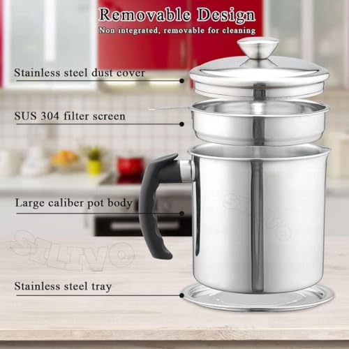 Image of Stainless Steel Oil Strainer Pot with Fine Mesh Filter & Lid, Reuse Oil Storage, Cooking Grease Container for Reusing Frying Oil, Best Oil Saver, Anti-Scald Handle Oil Storage Can for Cooking