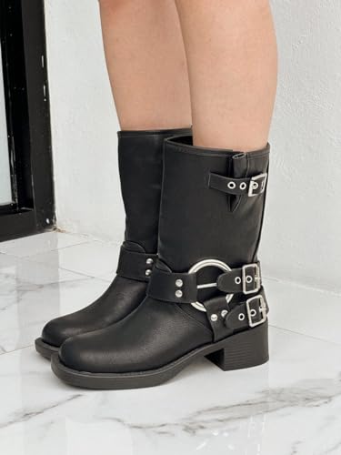 Forever Link Ivanka-22 Womens Side Adjustable Buckle Detail Chunky Sole Mid Calf Boot2