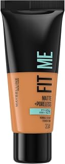 Maybelline Fit Me Foundation, Lightweight Medium Coverage, Blendable With a Matte and Poreless Natural Finish, For Normal to Oily Skin, Shade: 334 Warm Tan, 30ml