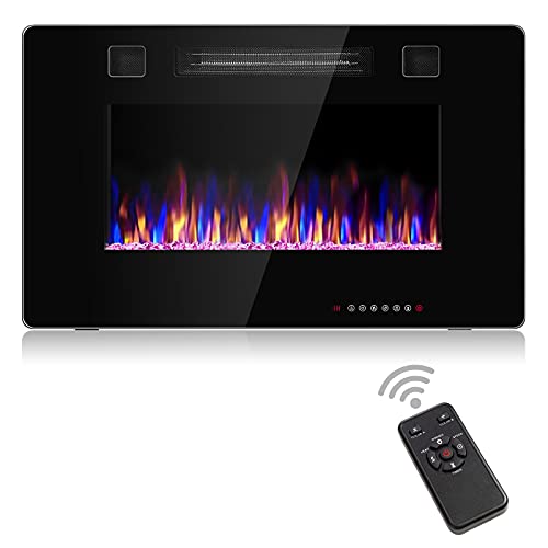 KOTEK 30 inch Recessed & Wall Mounted Electric Fireplace, 3.8” Thick Ultra-Thin Fireplace Insert for 2 x 4 & 2 x 6 Stud, 12 Flame Colors, Adjustable Flame Speed & Brightness, Remote Control w/Timer