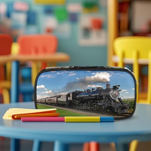 Image of Pardick Retro Train Big Capacity Pencil Case Pencil Pouch with Zipper, Pen Marker Stationery Bag Art Supply Storage Organizer Box Portable Stationery Storage Bag Pen Holder for Boys Girls