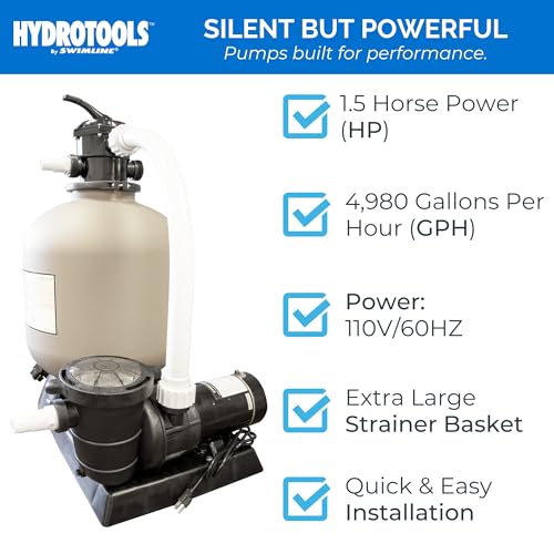 SWIMLINE HYDROTOOLS Pool Sand Filter Pump For Above Ground & Inground Pool | 24 Inch Cleaner System VARIABLE DUAL 2-SPEED 1.5 HP Horsepower 4980 GPH | For Pools Up To 22000 Gallons 7 Way Valve, Beige