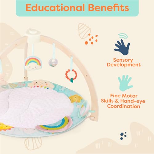 Image of B. toys Wooden Baby Gym, Sunrise to Sunset Play Mat with Toys | Soft organic cotton mat, wooden arch, 5 sensory toys, mirror, tummy time activities, movable hangers, Newborn
