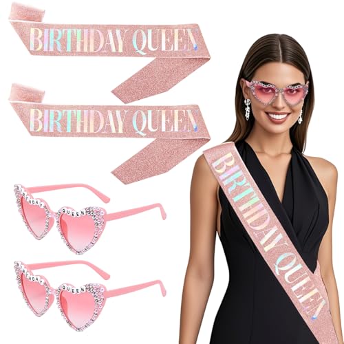 SAIIURV Kit de 4 óculos de aniversário para rainha de aniversário, cachecol de rainha, cachecol de aniversário para menina, cachecol rosa brilhante, suprimentos de aniversário brilhantes para mulheres