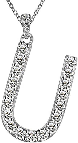 925 Sterling Silver Cubic Zirconia Pave Bling Initial Letter Necklace for Women Mens Capital Letter Pendant Necklace Adjustable Chain Alpabet A - Z Personalized Initial Jewellery Gift for Mom Wife Friends Birthday Christmas Gift