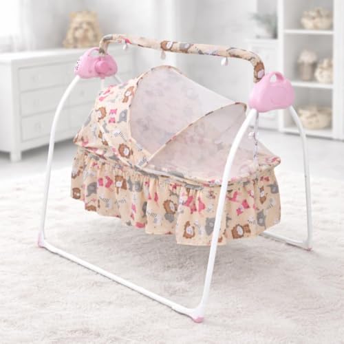 Image of Storio Automatic Baby Cradle for Newborn (0-12 Months) | Remote Control Electric Baby Jhula | 5 Swing Speeds, Music, Bluetooth & Mosquito Net | Foldable Auto Baby Swing Cradle with Timer & Lock - Pink
