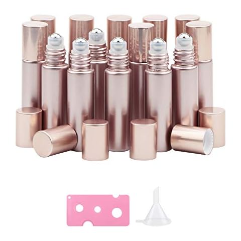 Kesell 14 Pack 10ml Matte rose gold Essential Oil Roller Bottles with Stainless Steel Balls for Perfume Aromatherapy Oils 1 Funnels + 1 Opener Cover