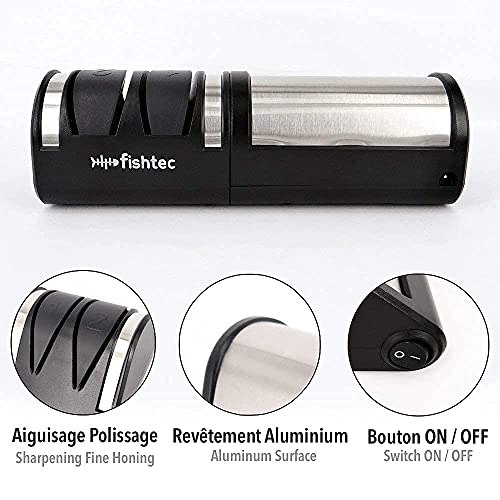 FISHTEC Aiguiseur de Couteaux de Cuisine Electrique - Affûtage + Polissage à 2 Niveaux - Couteau Métal ou Céramique - Disques Abrasifs Diamantés - 21CM - Noir FISHTEC Aiguiseur de Couteaux de Cuisine Electrique - Affûtage + Polissage à 2 Niveaux - Couteau Métal ou Céramique - Disques Abrasifs Diamantés - 21CM - Noir