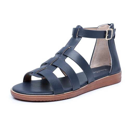 Image of Rusffes Women's Gladiator Sandals Roman Flat Sandals with Ankle Strap for Summer Navy 4uk