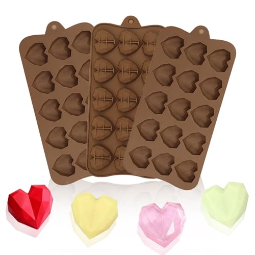 Siticoto 3 Pcs Heart Shape Chocolate Mold, Mini Valentine Diamond Heart Silicone Mold Geometric...