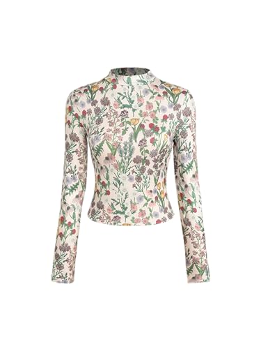 CIDER Women's Floral Knitted Long Sleeve Mock Neck Going Out Slim Fit Tops Fall Outfits Trendy Clothes
