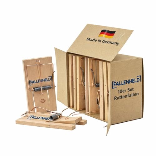FALLENHELD 10er Pack mit klassischen Rattenfallen aus Holz, Schlagfalle, Schnappfalle, wiederverwendbar, Starke Schlagkraft, innen anwendbar