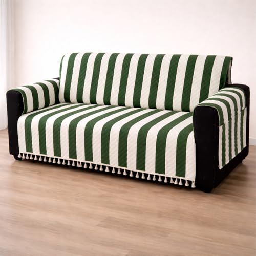 Image of House of Quirk IKATRA Series Quilted Printed Sofa Cover for Indian Sofa Set with Side Pocket - Premium Washable, Anti-Slip, Durable & Ultra Soft Fabric Protector (Evergreen Stripe, Three Seater)