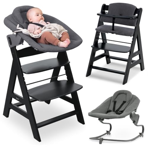 hauck Alpha+ Newborn Set mit Premium Bouncer Dark Grey - Baby Holz Hochstuhl ab Geburt mit...