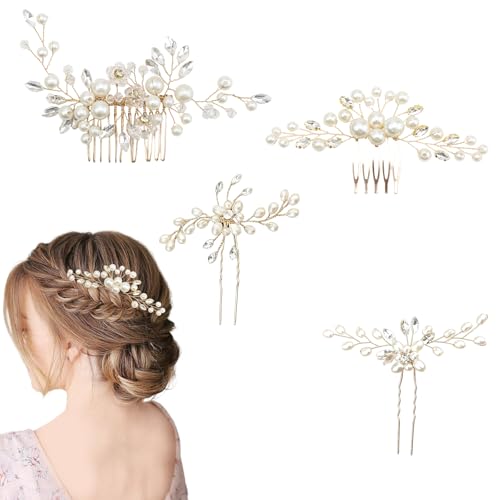 PARFCO 4 Stück Braut Haarschmuck, Künstliche Perlen und Strasssteine Kopfschmuck Hochzeit, 4 Designs Haarkamm Hochzeit, Exquisite Brautschmuck Haare, für Hochzeit, Zeremonie, Party