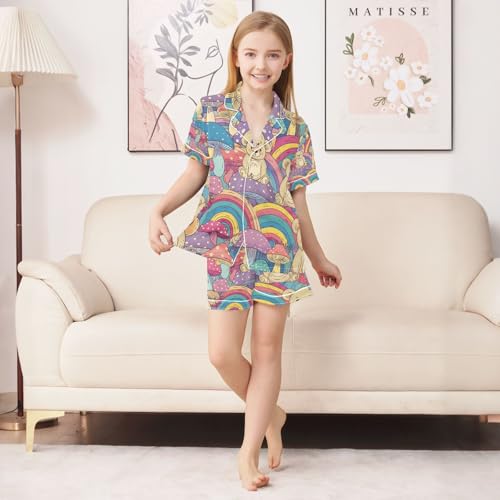 senya Rainbow Mushroom Bear Satin Summer Pajama Sets Silk Short Sleeve Button Down Sleepwear4