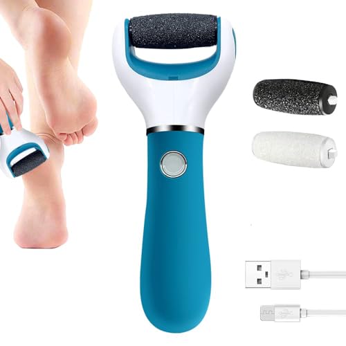BOMPOW Foot Scrubber Electric Callus Remover Rechargeable Foot File Hard Skin Remover Pedicure Tools Electronic Callus kit for Cracked Heels and Dead Skin with 2 Roller Heads Blue
