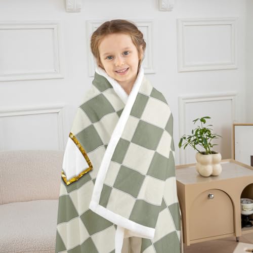 Image of Erosebridal Sage Green Checkered Sherpa Blanket Plaid Initial J Fuzzy Plush Throw Personalized Monogram Fleece Blanket for Kids Boys Girls,Fashion Grids Gingham Decor for Bed Couch Queen 90 inchx90 inch