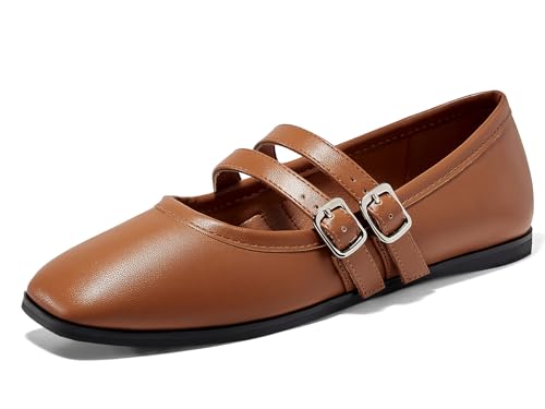 Coutgo Womens Mary Jane Flats Shoes Dressy Comfortable Square Toe Double Strap Soft Work Slip on Ballet Flat