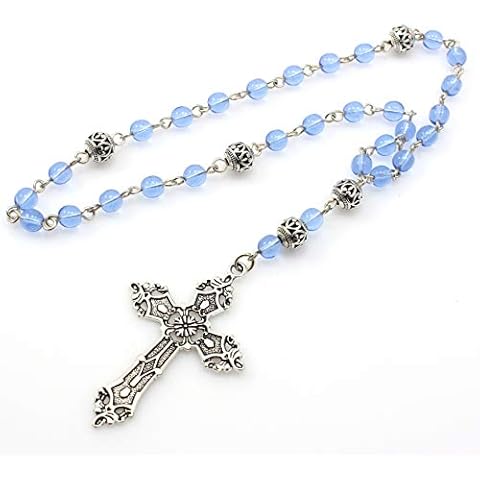 Brenda Elaine Jewelry Anglican Prayer Beads/Rosary, Episcopal Cross with Real Silver Plating and Sapphire Blue Glass Beads Cover