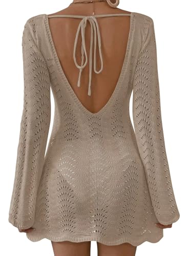 Womens Swimsuit Cover Up Long Sleeve Crochet Bathing Suit Mesh Backless Cover Ups Summer Beach Vacation Outfits 2025