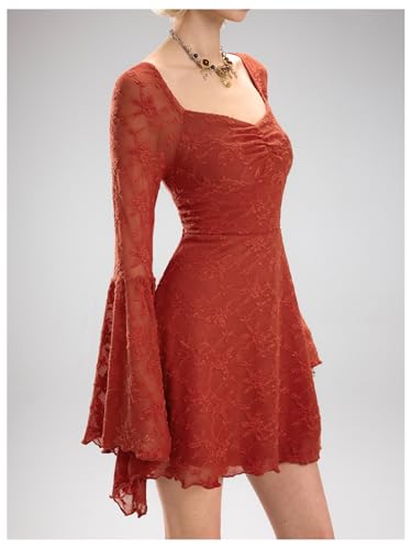 Image of WDIRARA Women's Floral Jacquard Gothic Bell Long Sleeve Dress | Mesh , A Line, Vintage
