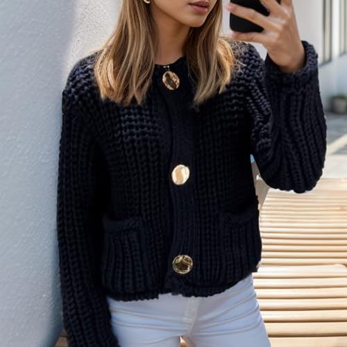 Chevara Women’s Cropped Knit Cardigan Long Sleeve Crewneck Button Down Fall Sweater with Pockets4