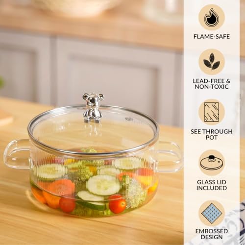 Image of Nestasia Borosilicate Glass Cooking Pot on Gas Stove (1600 ml) - Fluted Casserole with Air Vent Glass Lid | Microwave & Dishwasher Safe Durable Handi for Kitchen