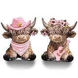 Wesiti 2 Pcs Cowgirl Highland Cow Figurines, Western Farmhouse Resin Cow Statues with Pink Cowboy Hat, Guitar and Bow, Christmas Cute Calf Lovers Gifts Ornaments for Home Shelf Holiday Decor