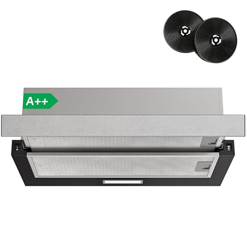 FIREGAS Afzuigkap 60 cm Uitschuifbaar Onderbouw, A++ Energieklasse, Stil & Krachtig, LED Verlichting, Automatische AAN/UIT, Aluminium & Koolstoffilter