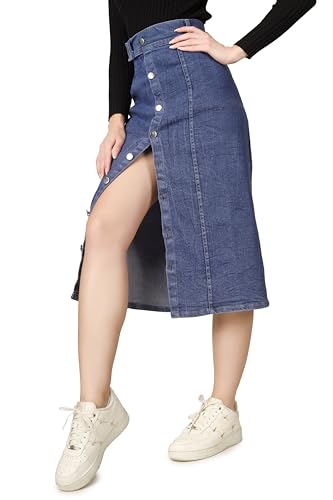 Image of Western Straight Stylish Comfortable Long Two Button Up Slit Dobby Denim Skirt for Women & Girls