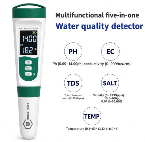 Image of 5-in-1 Digital PH and TDS Meter | Accurate PH, TDS, EC, Salinity & Temperature | Waterproof Swimming Pools, Aquariums, Hydroponics and Drinking Water
