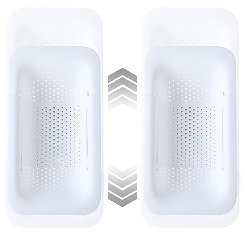 Image of KesaPlan Collapsible Sink Colanders and Strainers Basket Over the Colander Extendable Plastic Fruit Vegetable Strainer Drainer for Kitchen(Length 14.3-19.4inch)(White Set of 2)