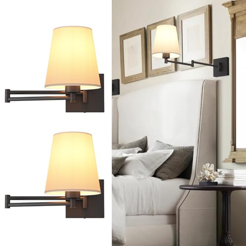 Image of Aipsun Black Wall Sconce Set of 2, Swing Arm Wall Lamps, Modern Bedroom Wall Sconce Fixtures with Fabric Lampshade for Reading Hallway Living Room(Exclude Bulb)