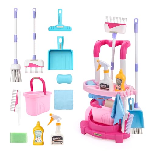 Jenilily Kinder Putzwagen ab 2 3 4 Jahre mit Wischmop Eimer Besen Bürsten Kehrschaufel Handfeger Reinigungswagen Set Rollenspiel Haushaltsspielzeug Cleaning Toy