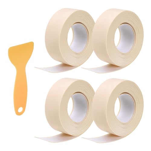 Image of Uxcell 4 Rolls Caulk Tape, 0.9 inch x 10.5Ft PVC Waterproof Self-Adhesive Sealing Strip for Kitchen Bathroom Toilet Sink Floor Corner Edge With Sealing Tool, Beige