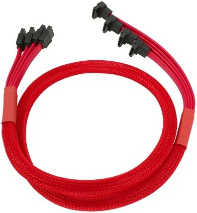 Nanoxia900300033 SATA 3.0 Anschlusskabel, Abgewinkelte Stecker, Sicherheitslasche, 73-77-81-85 cm, roter Sleeve