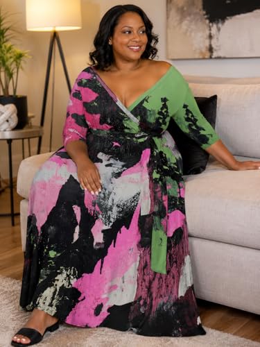 Image of SUZONANA Plus Size Maxi Dresses for Curcy Women Casual Loose 3 /4 Sleeve Long Dress with Belt