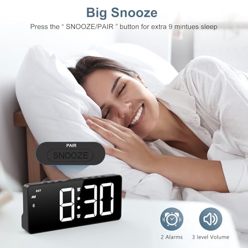Digital Alarm Clock, Bluetooth Sync Time Bedside Alarm Clock with 5 Adjustable Brightness, 3 Adjustable Volume, Snooze, DST, 12/24H, Type-C/Battery Powered, Dual Alarm for Bedroom, Office - Image 4