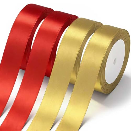 Gold and Red Satin Ribbon 1 Inch x 4 Rolls Gold and Red Wide Satin Fabric Ribbon for Gift Packaging Christmas Wedding Flower Bouquet Holiday Party Invitation