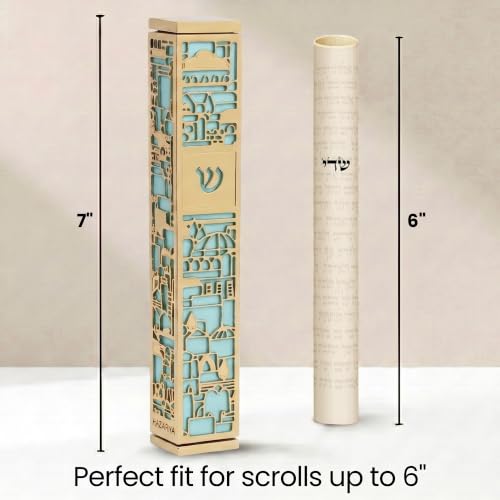 Image of SURI Mezuzah for Door with Scroll, 7 Inch Gold and Blue Mezuzah Case with Non Kosher Scroll Inside, Fits a up to 6 Inch Scroll, Includes Adhesive and Gift Box