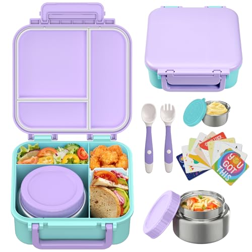 Image of Kids Bento Lunch Box with 9oz Soup Thermo Leakproof Lunch Food Containers 4 Compartment with Insulated Hot Food Jar for Kid Toddler Girls Boys to School, Trvael