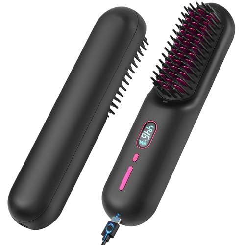 DESIPESI Cordless Hair Straightener Brush, Portable Negative Ion Hot Hair Brush, 12 Temperature Settings with Auto-Off Safety, 10000 mAh Large Battery & Mini to Carry Out (Black)