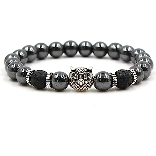 Bracelet en pierre naturelle 8 mm avec pendentif crâne de hibou pour couples