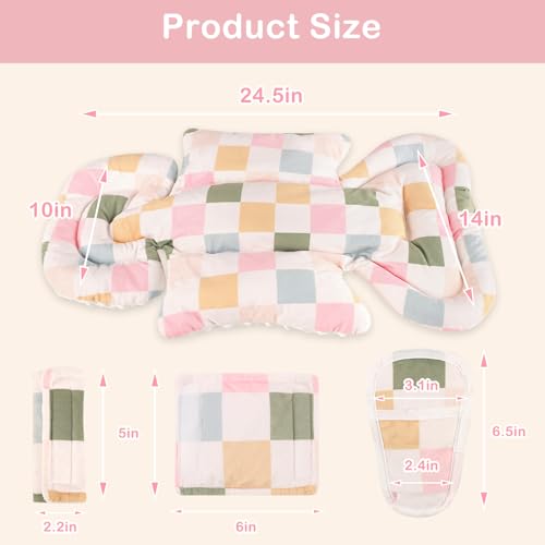 Image of DILIMI Infant Car Seat Insert, Baby Car Seat Head Support with 3 Strap Paddings, Soft Newborn Car Seat Cushion for Stroller, Swing, Bouncers, Colorful Checkered