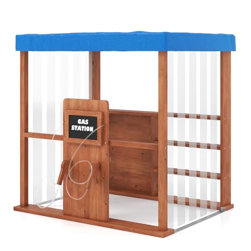 HONEY JOY Kids Gas Station Playset with Canopy, 2 Simulation Fuel Nozzles, Door Curtains, Chalkboard, Display Shelves, Fir Wood Pretend Play Gas Pump Toy for Kids Outdoors Backyard Gift, Natural