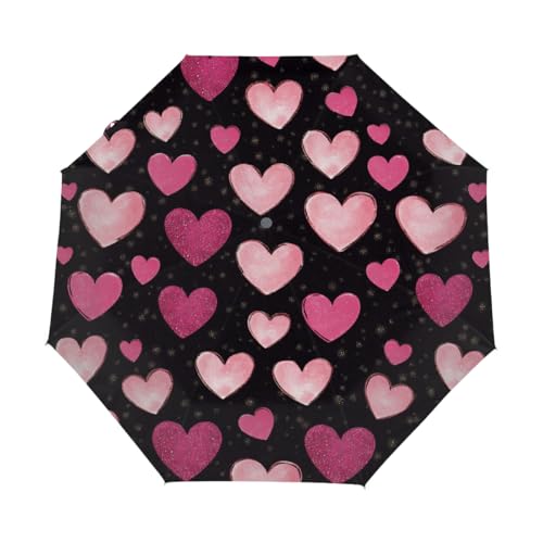 Ginfult Guarda-chuva compacto de viagem com coração rosa e preto, resistente ao vento, abertura automática, dobrável, para chuva, mulheres e homens